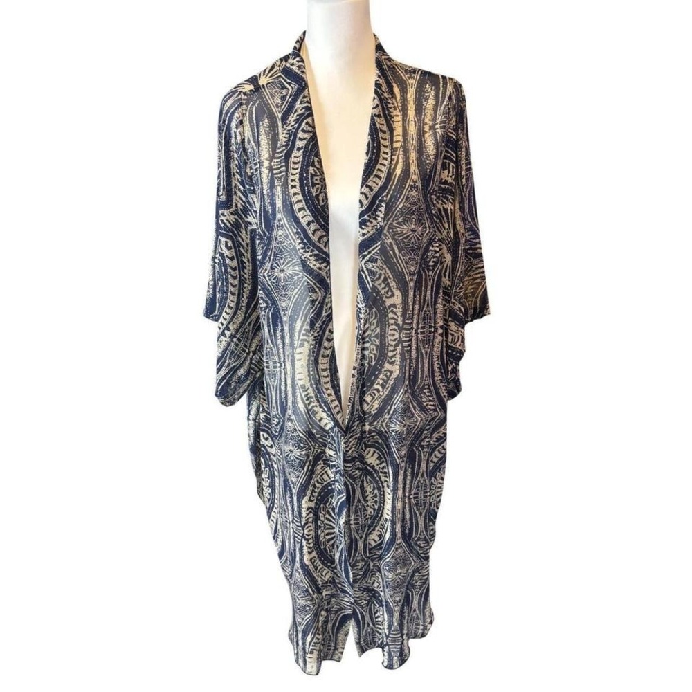 Classic Simply Noelle Navy Beige Geometric‎ Print Open Front Long Kimono Wrap OS